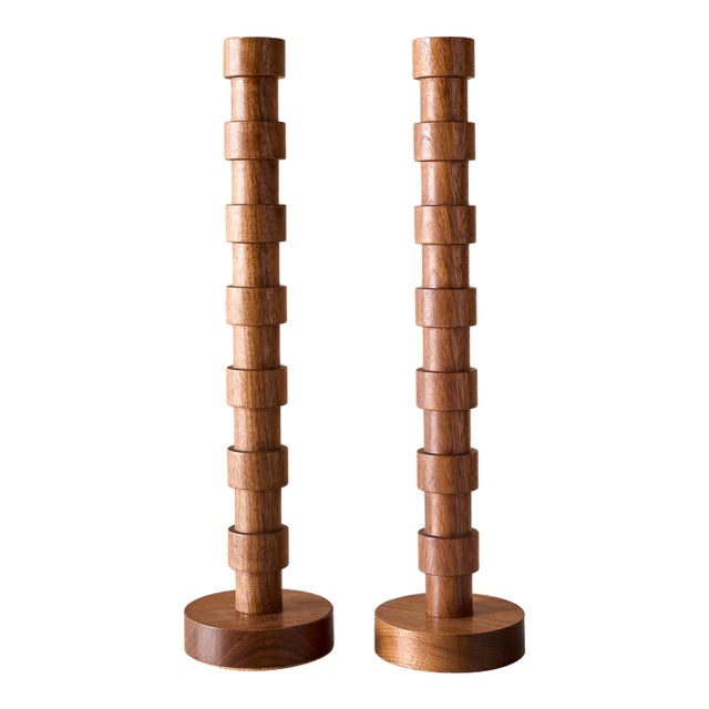 "Franc" Hand Turned Walnut Candle Holders by Lostine, Set of 2 For Sale