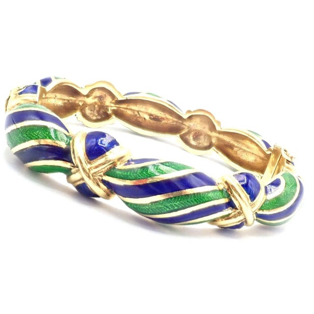 Tiffany and Co. Vintage Tiffany & Co. 18k Yellow Gold Green Blue Enamel Bangle Bracelet For Sale - Image 4 of 10