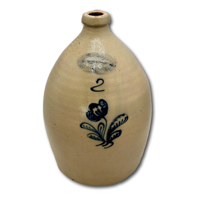 American Outstanding Antique 2 Gallon Blue Flower Decorated Stoneware Jug by Burger in Rochester N. Y. Circa 1877 to 1880 For Sale - Image 3 of 18