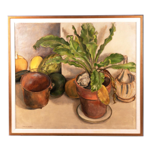Mid 20th Century Large 54" Original Signed Annyce Alvarez "Still Life With Fruit and Potted Plant" Oil Painting, Framed