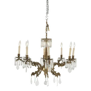 Oversized Antique French Style Brass, Bronze & Crystal 8-Light Chandelier Circa 1940