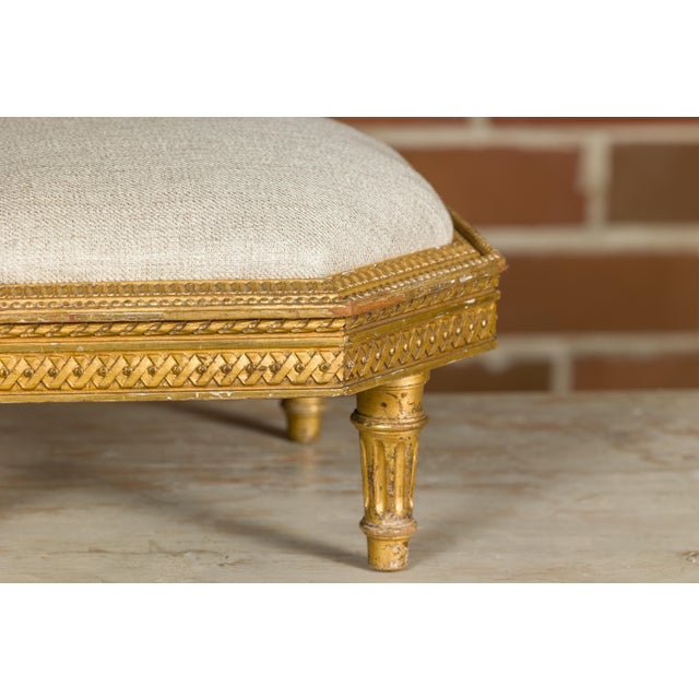 French Neoclassical 19th Century Carved Giltwood Footstool with Linen Upholstery For Sale - Image 11 of 12