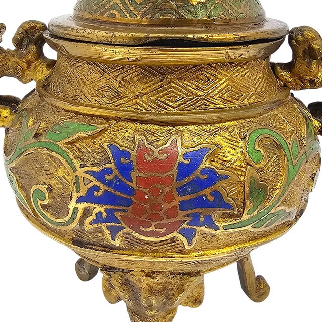 Metal Mid-20th Century Japanese Champlevé Enamel Tripod Koro With Shishi Finial For Sale - Image 7 of 13