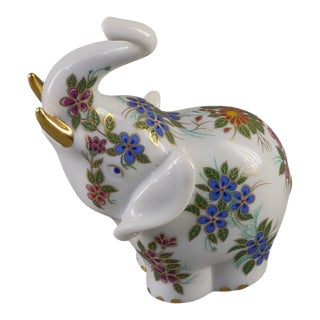 Vintage Lucky Elephant Figurine Hand Painted Floral Gilded Porcelain For Sale