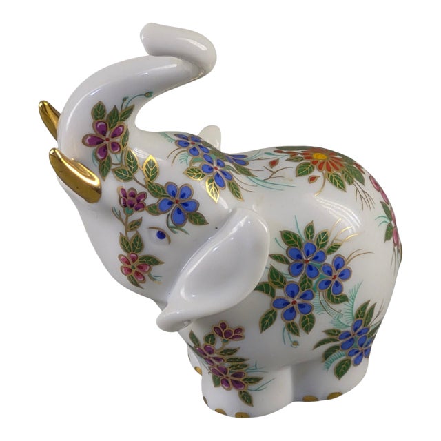 Vintage Lucky Elephant Figurine Hand Painted Floral Gilded Porcelain For Sale
