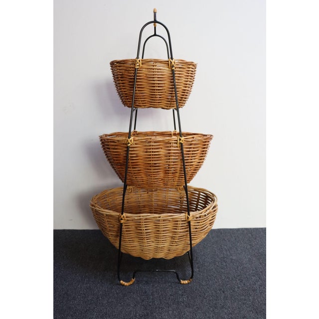 Mid-Century Modern Vintage Wrought Iron and Cane Three-Tiered Graduated Basket Stand For Sale - Image 3 of 12