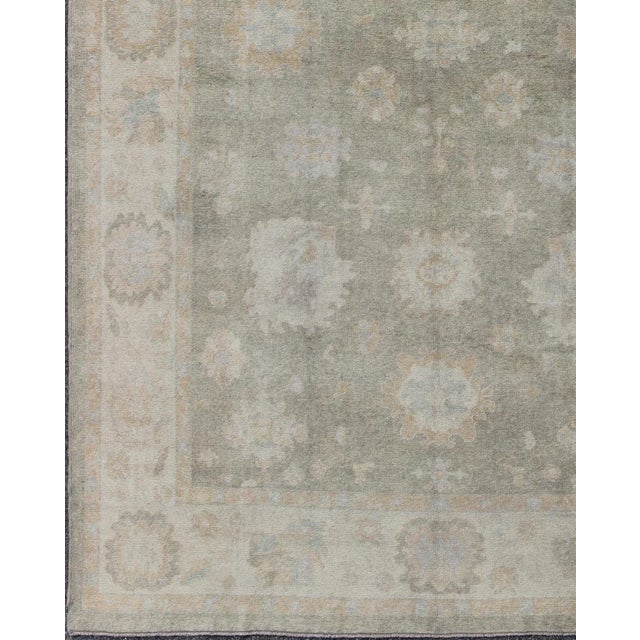 Turkish Large Turkish Oushak Rug With Large-Scale All-Over Blossom Design in Taupe, Pale Moss Green and Cream For Sale - Image 3 of 5