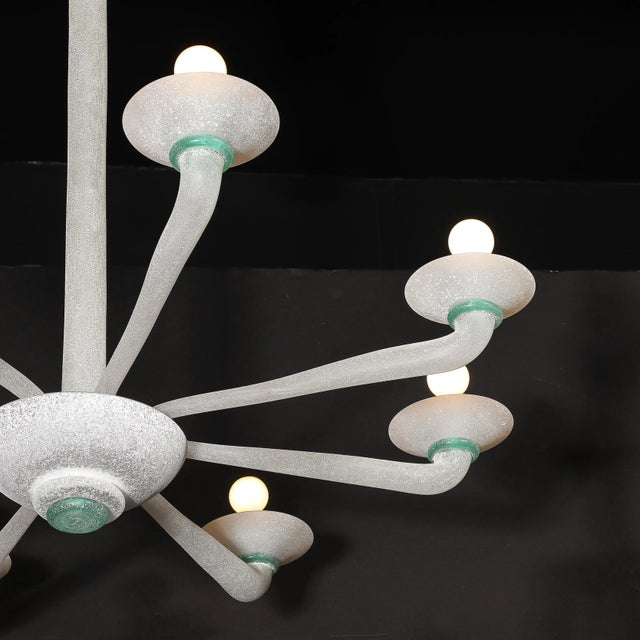 Glass Mid-Century 8-Arm Handblown White & Jade Murano Scavo Glass Chandelier by Seguso For Sale - Image 7 of 12