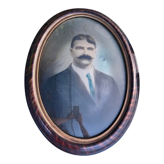 Antique Victorian Photograph of Gentleman With Mustache in Oval Wood Frame For Sale