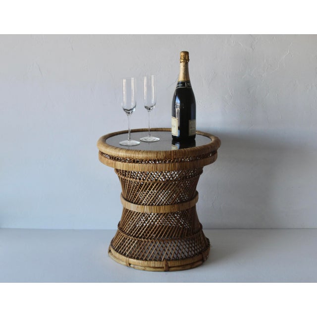 1970s Ficks Reed Style Bohemian Round Handwoven Rattan Wicker Drum Side Drink Table For Sale - Image 15 of 15
