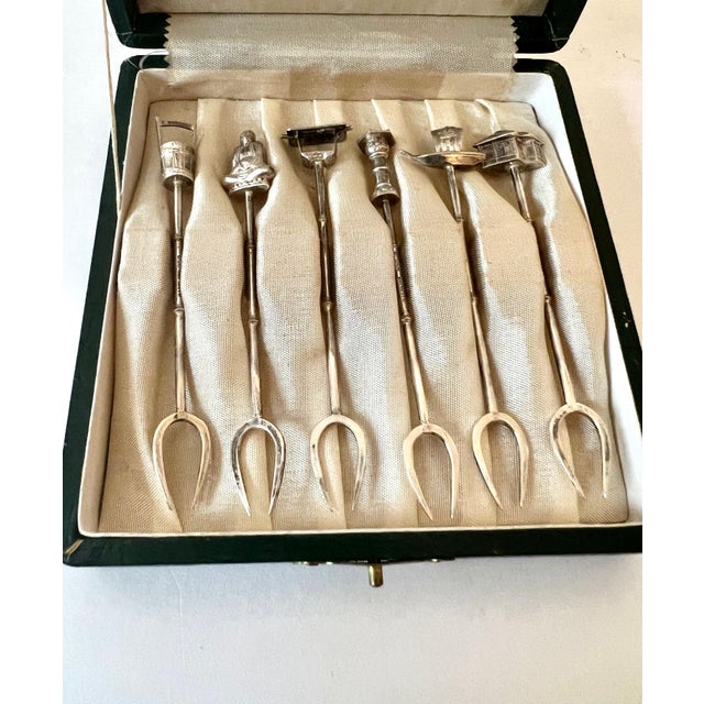 Sterling 950 Silver Cocktail Forks in Asian Theme Handle with Storage Case - Set of 6 For Sale In Los Angeles - Image 6 of 12