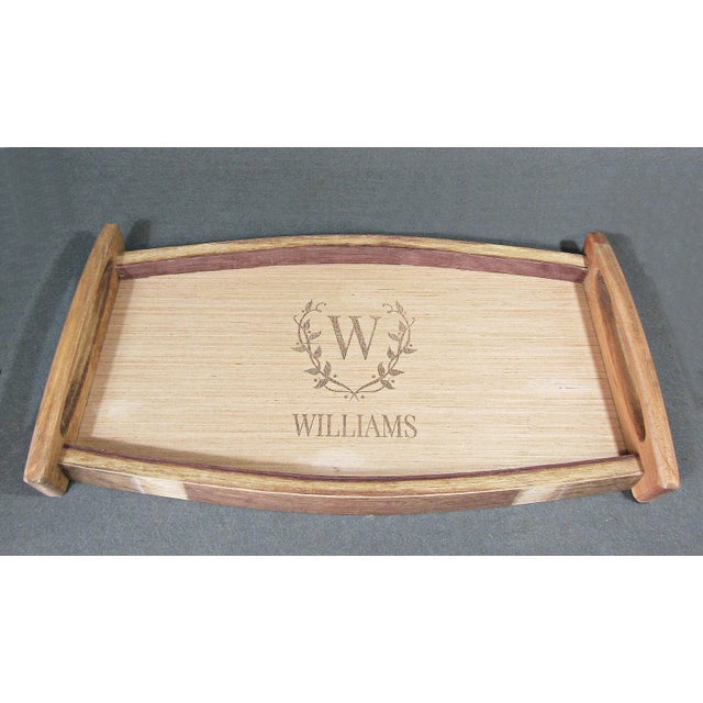 Farmhouse Pinecone Home Reclaimed Wine Barrel Stave Serving Tray, Williams Monogram For Sale - Image 3 of 10