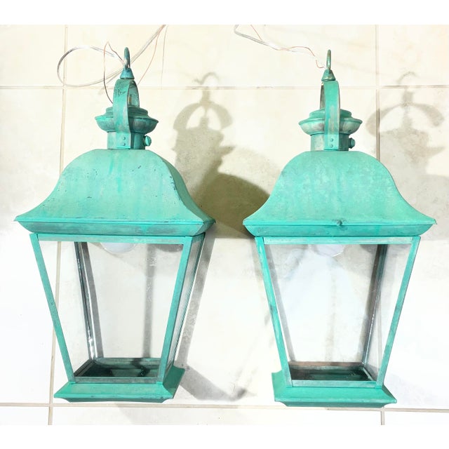 Pair of Solid Brass Vintage Ceiling Lantern 19” X 9”.5 X 9”.5 For Sale - Image 14 of 14