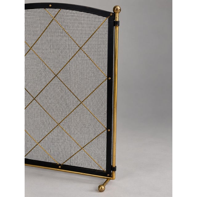 Vintage Brass and Black Metal Fireplace Screen with Geometric Lattice Design, 1940 For Sale - Image 4 of 5