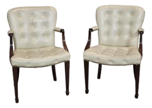 Late 20th Century Pair of Hickory Chair Mahogany Open-Arm Tufted Leather Armchairs