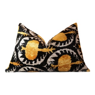 Luxury Black and Gold Silk Velvet Ikat Lumbar Pillow 16x24 Inch With Down Insert For Sale