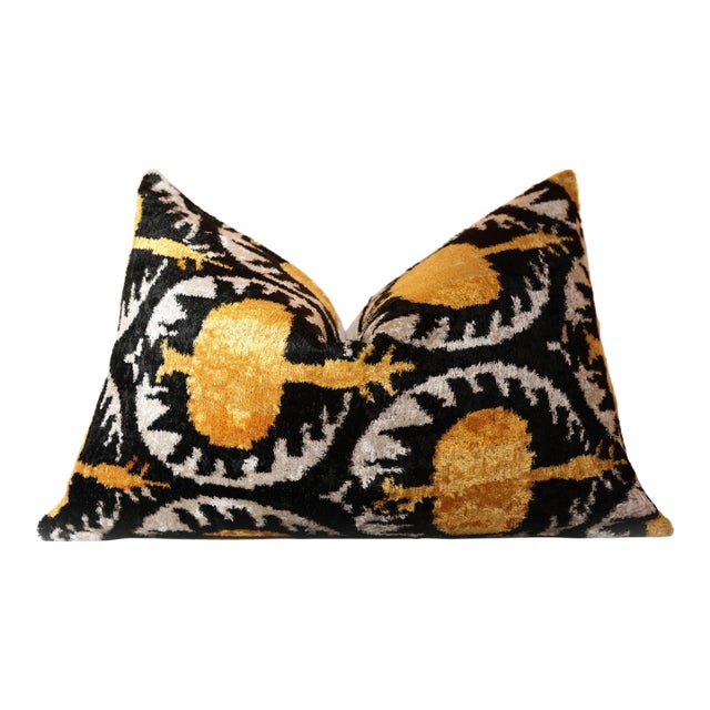 Luxury Black and Gold Silk Velvet Ikat Lumbar Pillow 16x24 Inch With Down Insert For Sale