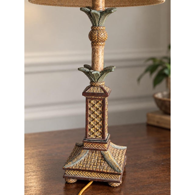 Late 20th Century Vintage Tropical Hollywood Regency Pineapple & Palm Leaf Table Lamp With Burlap Shade For Sale - Image 5 of 6