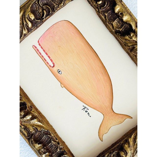 Nautical Original Hand-Painted Baby Whale Painting in a Vintage Gilt Frame For Sale - Image 3 of 3
