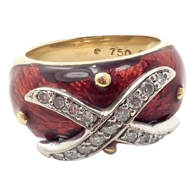 Late 20th Century Hidalgo Yellow Gold Red Enamel X Diamond Ring, Size 5 For Sale