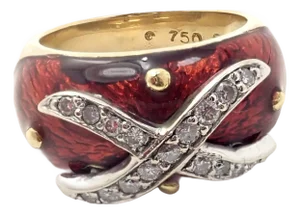 Late 20th Century Hidalgo Yellow Gold Red Enamel X Diamond Ring, Size 5