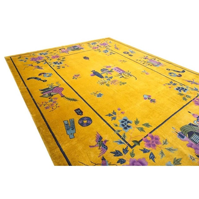 1920s Bold Yellow Floral Modernist Antique Chinese Art Deco Knotted Rug Carpet For Sale - Image 9 of 9