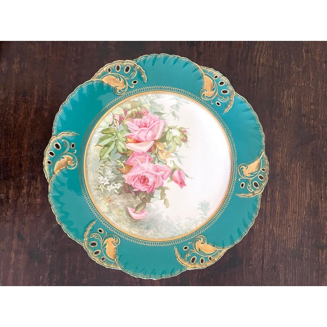 Teal Antique Mintons for Tiffany & Co. Pierced Floral Cabinet 9" Plates - Set of 7 For Sale - Image 8 of 13