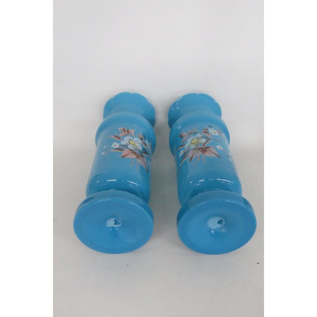 Mid 20th Century Turquoise Blue Opaline Glass Vase Pair of 2 With Hand Painted Floral Motif 5071b For Sale - Image 5 of 11