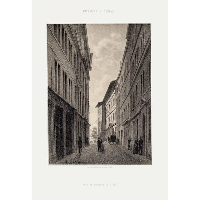 Geneva, Rue De L'Hôtel De Ville - Lithograph by A. Fontanesi - 1854 1854 For Sale