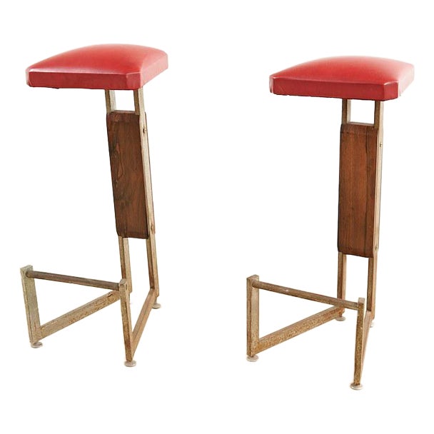 Stools in Wood and Metal, 1970s, Set of 2 For Sale