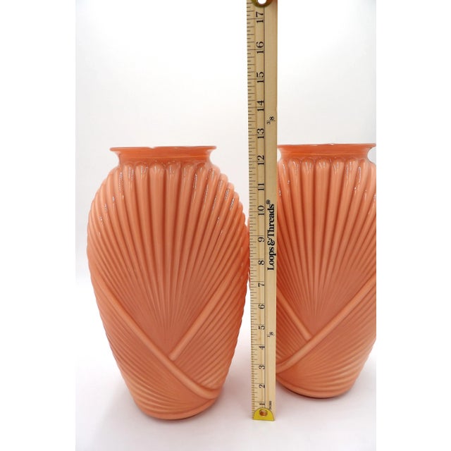 Pair of 1980s Art Deco Revival Peach Draped Vases With Geometric Accents by Anchor Hocking For Sale - Image 9 of 10
