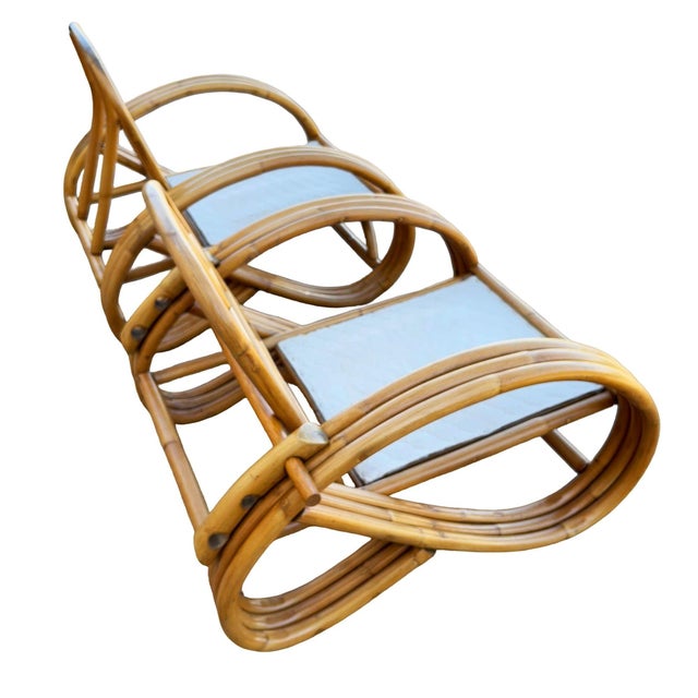 1950s Restored Mid-Century 3/4 Round Pretzel Arm Rattan Lounge Chair Set For Sale - Image 4 of 18