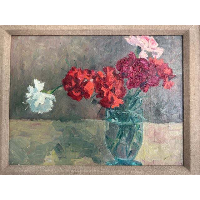 Vintage Signed Original Oil on Board Still Life Red, Pink & White Carnations in Blue Glass Vase For Sale - Image 11 of 15