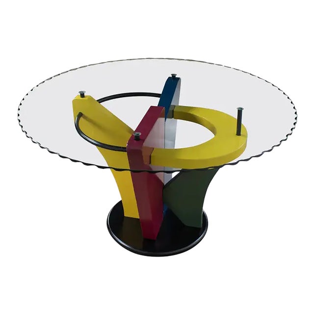 Late 20th Century Postmodern Dining Table Geometrical Pedestal Base & Round Scalloped Glass Top Style of Memphis Group For Sale