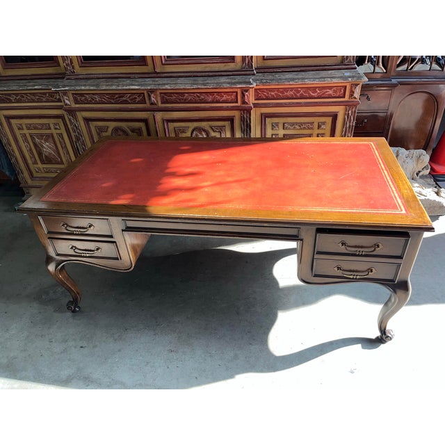 Wood Late 20th Century Large Leather Top Walnut Desk Louis XV Style For Sale - Image 7 of 12