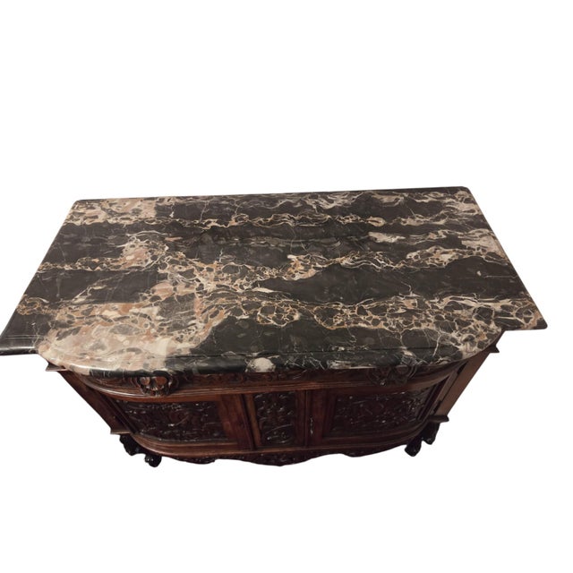 Traditional Antique Italian Renaissance Revival Walnut Marble Top Commode Sideboard Cabinet For Sale - Image 3 of 16