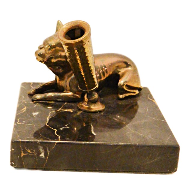 Vintage Solid Brass French Bulldog Pen Stand on Italian Portoro Gold Marble Base For Sale In Jacksonville, FL - Image 6 of 8