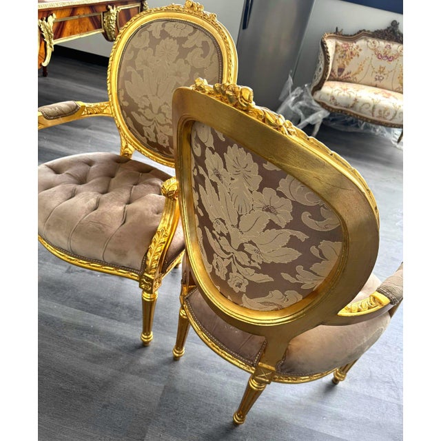 Tan 1990s French Style Light Brown Tan Velvet Chair Set With Gold Leaf Details For Sale - Image 8 of 9