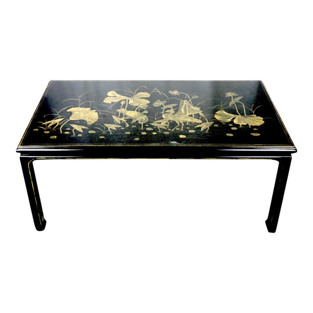 Black Hand-Painted Golden Chinese-Style Lotus Coffee Table For Sale