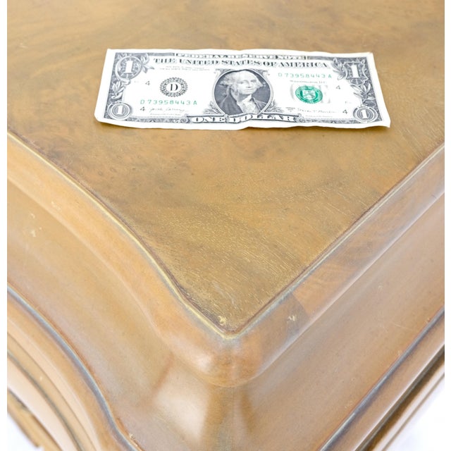 French Provincial Pair Bombe White Wash Pickled Burl Wood Night Stands End Tables Brass Pulls Mint For Sale - Image 3 of 16