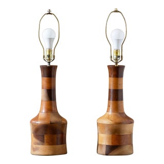 Vintage 1970s Segmented Wood Table Lamps in Walnut, Cherry, and Maple - A Pair For Sale