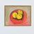 A mid-20th century French oil painting on canvas of three green apples in a fiery red bowl, the composition is a...
