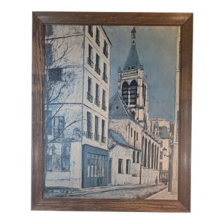 Licensed Mid-Century Lithograph Print on Canvas of the Church of Saint-Séverin by 20th Century Artist Maurice Utrillo V. For Sale