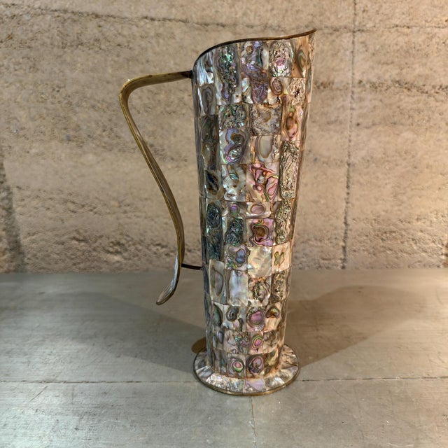 1960s Vintage Mexican Brass and Inlaid Abalone Shell Pitcher Mexico For Sale - Image 5 of 13