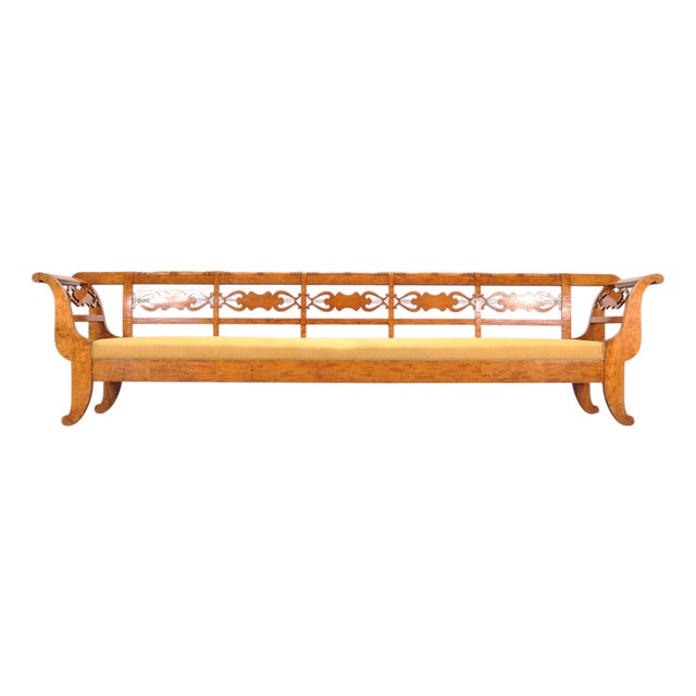 Monumental Swedish Biedermeier Style Burl Hall Bench 11.5 Ft For Sale