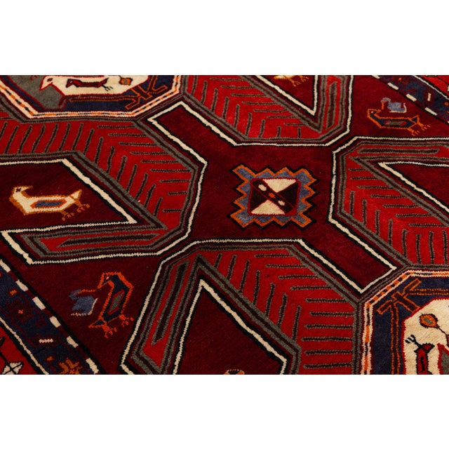 Mid-20th Century Caucasian Kazak Runner With Bird Motifs and Geometric Medallions in Crimson and Navy For Sale - Image 4 of 9