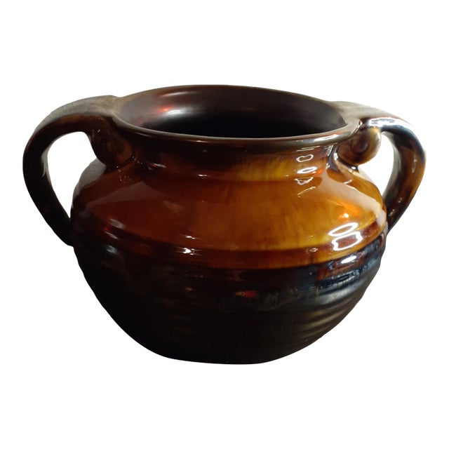 Vintage Art Studio Glazed Pottery Dual Handle Squat Vase For Sale