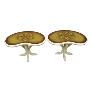 Vintage Hollywood Regency Gold Leaf Glass Kidney Bean Shaped Side Tables - Pair For Sale