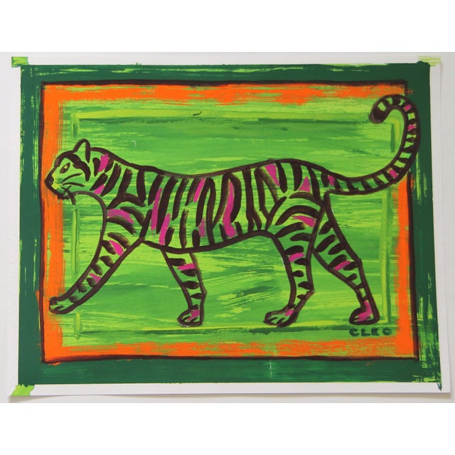 Contemporary Leopard Minimalism Pop Art Folk Art Green Orange Raspberry Red Original Painting Cleo Plowden For Sale - Image 3 of 4