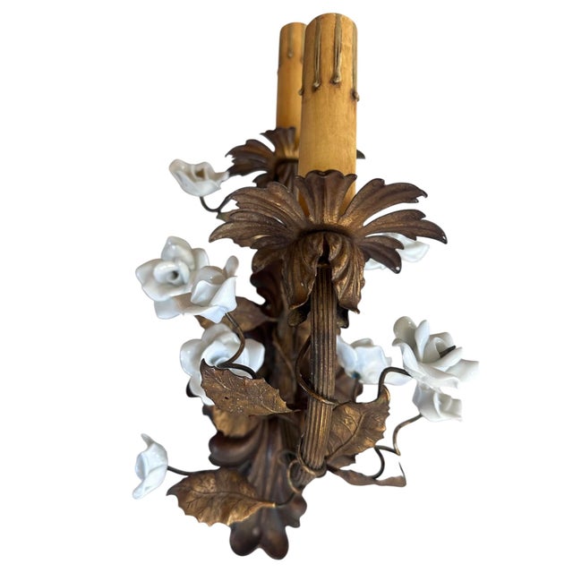 1920s Acanthus Backplate With Leaves and White Porcelain Flowers Stair-Step Wall Sconces - a Pair For Sale - Image 4 of 6